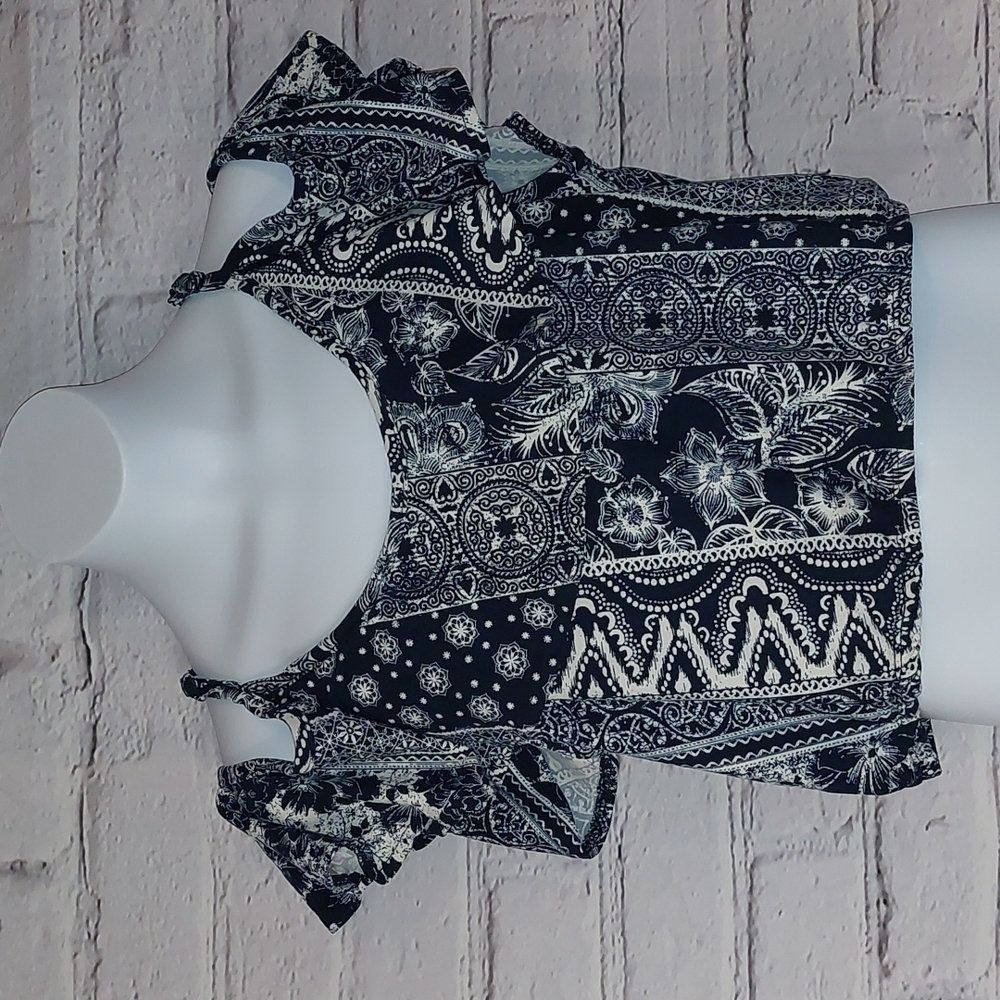 Cold Shoulder Hot Kiss Blue White Strappy Crop Top L Large